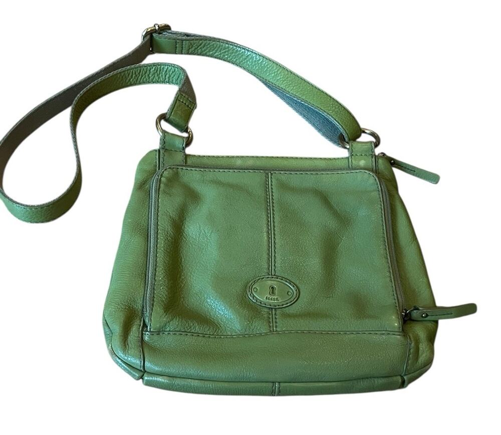 Fossil Green Leather Crossbody Purse Handbag VTG Bag Tote